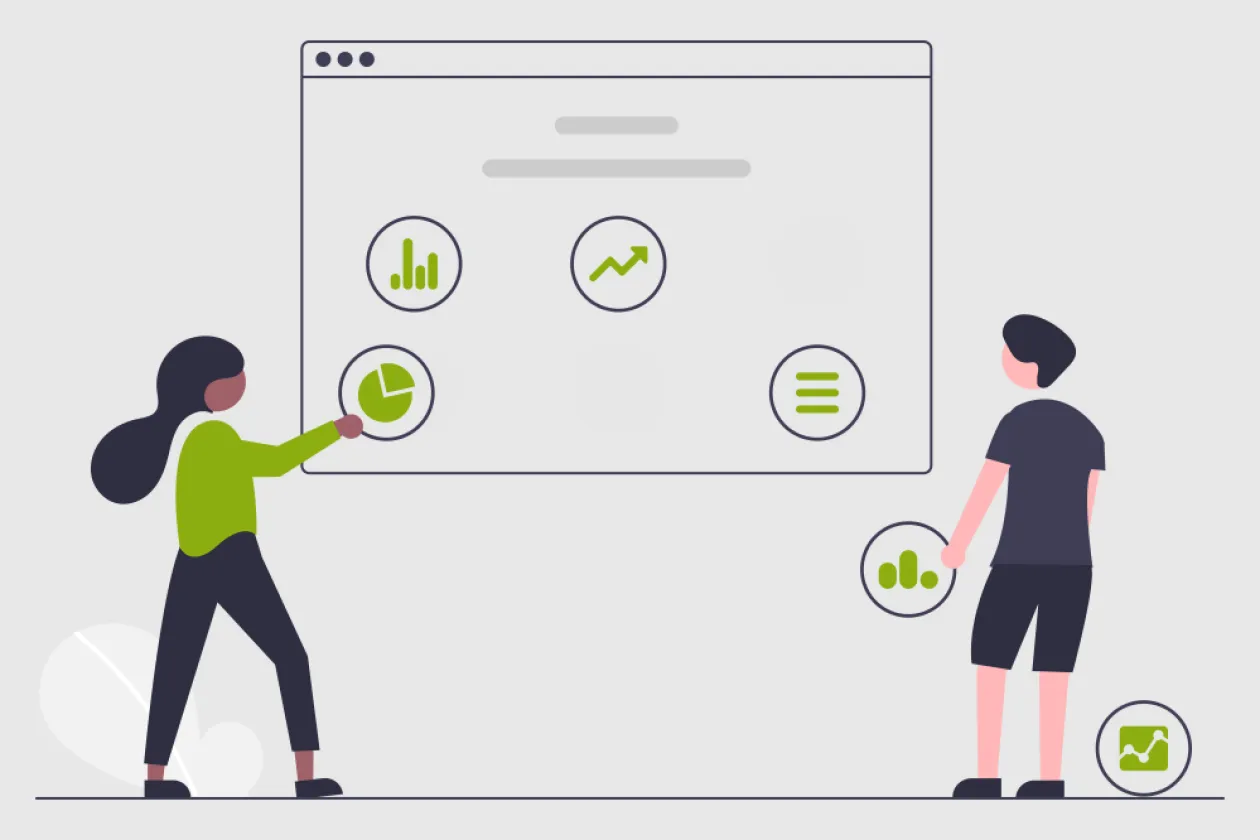 Grafische Darstellung von zwei Personen, die eine Webseite bearbeiten.