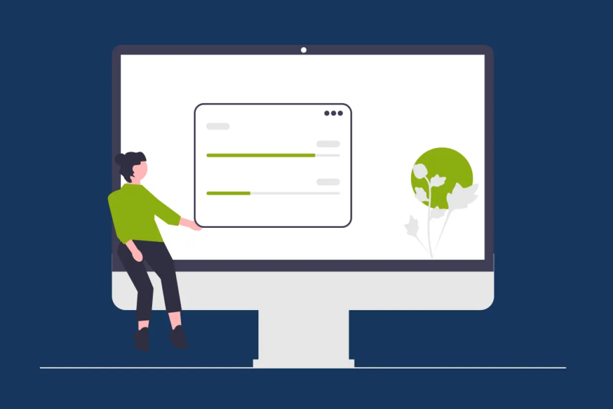 Grafische Darstellung einer Frau, die an einem überdimensioniertem Desktop sitzt und auf eine Landschaft schaut.