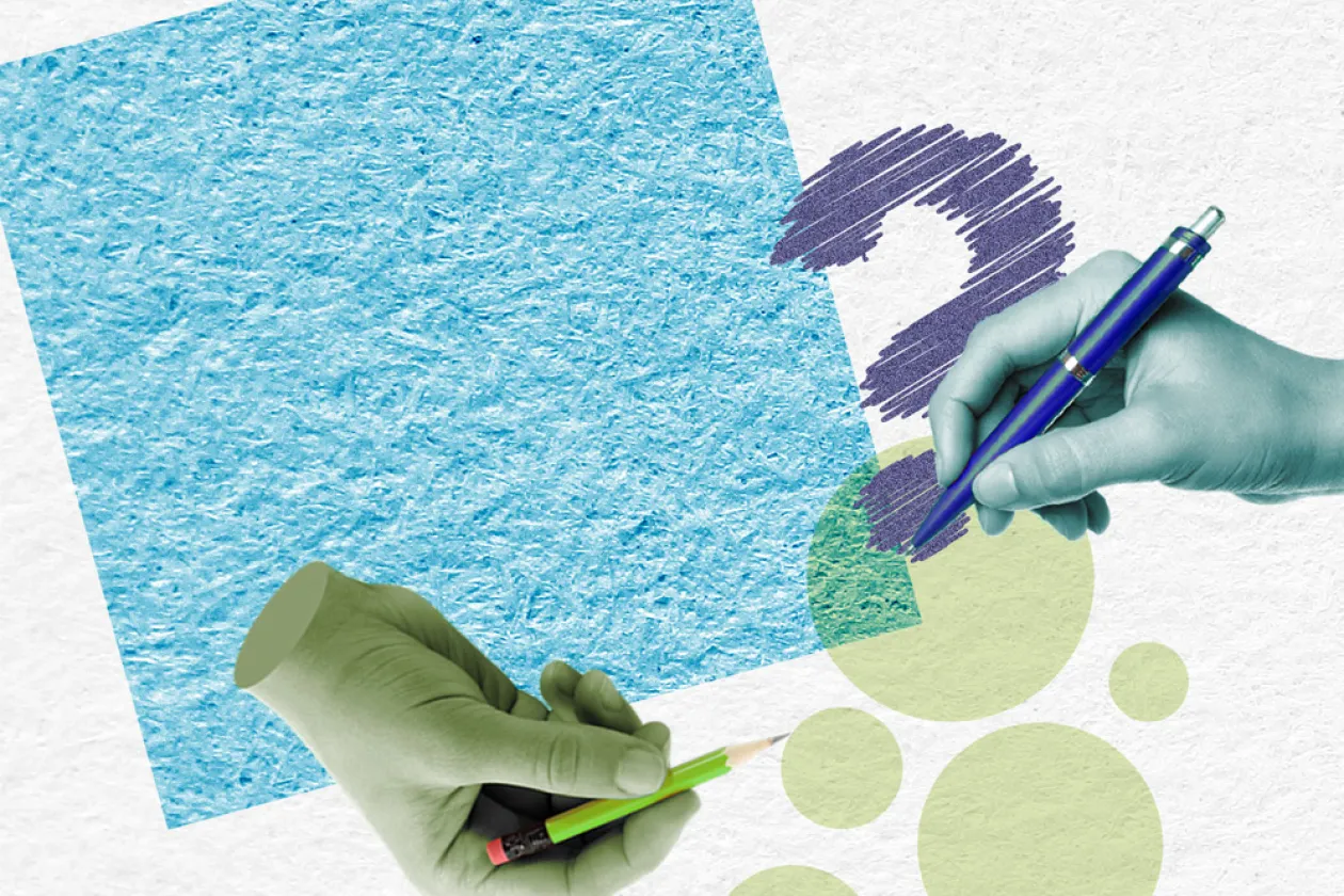 Grafik: Zwei Hände, eine grüne und eine blaue, malen mit Stiften verschiedene Elemente: Ein blaues Quadrat, grüne Kreise und ein lila Fragezeichen.