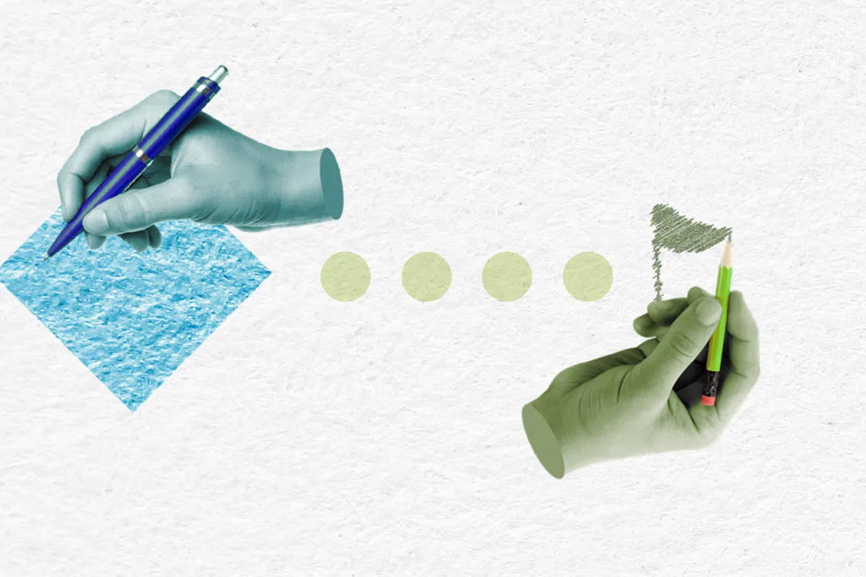 Grafik: Zwei Hände, eine grüne und eine blaue, malen mit Stiften verschiedene Elemente: Ein blaues Quadrat, grüne Kreise und eine graue Fahne. Die Grafik kann von links nach rechts betrachtet als Projektplan verstanden werden.