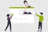 Grafik: Grafische Darstellung des Prozesses des Erstellens einer Webseite. Drei Personen setzen Elemente auf einer Art Whiteboard.