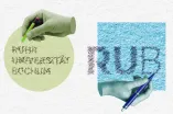 Grafik: Zwei Hände schreiben den Eigennamen der Ruhr-Universität Bochum - einmal vollständig und einmal als Abkürzung. Der vollständige Eigenname liegt auf einer runden grünen Fläche, die Abkürzung "RUB" liegt auf einer quadratischen blauen Fläche. Die Hand auf der grünen Fläche hält einen grünen Bleistift, die Hand auf der blauen Fläche hält einen blauen Kugelschreiber.