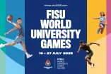 Mehrere Sportler auf buntem Hintergrund mit dem Schriftzug "FISU World University Games"