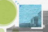 Grafik: Verschiedenfarbige Flächen, grün, blau, weiß, grau, in verschiedenen Formen. Auf zwei Flächen ist die Shilouette der RUB zu erkennen.