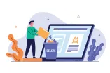 Grafik: Ein Mann wirft einen Ordner in einen Papierkorb neben einem Laptop – ein Symbol für Datenlöschung, digitale Aufräumarbeiten und verantwortungsvolles Informationsmanagement.