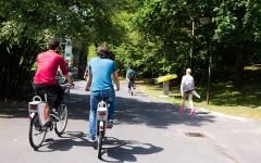 Zwei männliche Studierende fahren Rad auf dem Campusgelände und sind nur von hinten zu sehen.