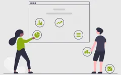 Grafische Darstellung von zwei Personen, die eine Webseite bearbeiten.