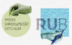 Grafik: Zwei Hände schreiben den Eigennamen der Ruhr-Universität Bochum - einmal vollständig und einmal als Abkürzung. Der vollständige Eigenname liegt auf einer runden grünen Fläche, die Abkürzung "RUB" liegt auf einer quadratischen blauen Fläche. Die Hand auf der grünen Fläche hält einen grünen Bleistift, die Hand auf der blauen Fläche hält einen blauen Kugelschreiber.