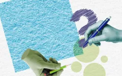 Grafik: Zwei Hände, eine grüne und eine blaue, malen mit Stiften verschiedene Elemente: Ein blaues Quadrat, grüne Kreise und ein lila Fragezeichen.