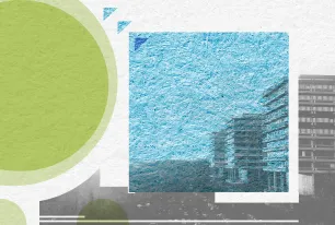 Grafik: Verschiedenfarbige Flächen, grün, blau, weiß, grau, in verschiedenen Formen. Auf zwei Flächen ist die Shilouette der RUB zu erkennen.