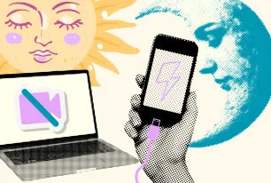 Grafik: Sonne, Mond, Laptop mit durchgestrichenem Symbol für Video, ein ladendes Handy.