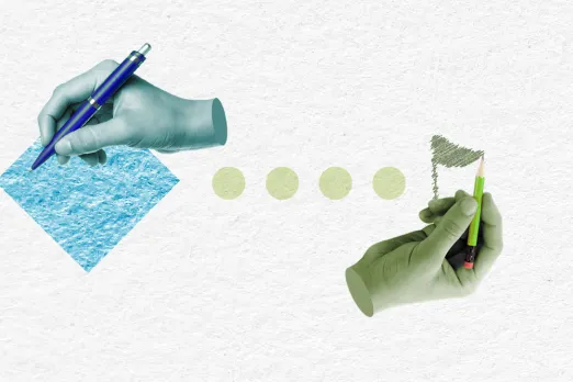 Grafik: Zwei Hände, eine grüne und eine blaue, malen mit Stiften verschiedene Elemente: Ein blaues Quadrat, grüne Kreise und eine graue Fahne. Die Grafik kann von links nach rechts betrachtet als Projektplan verstanden werden.