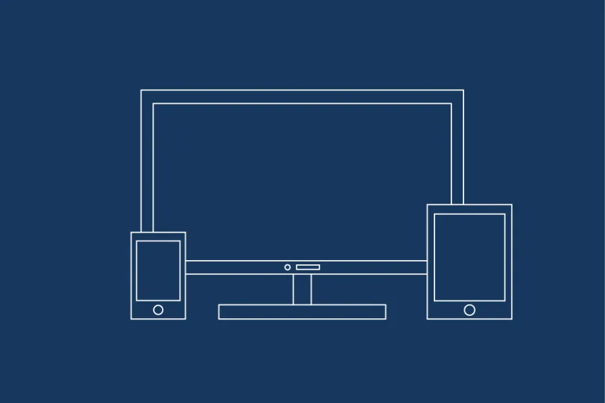 Symbolhafte Darstellung eines Monitors, eines Tablets und eines Smartphones.