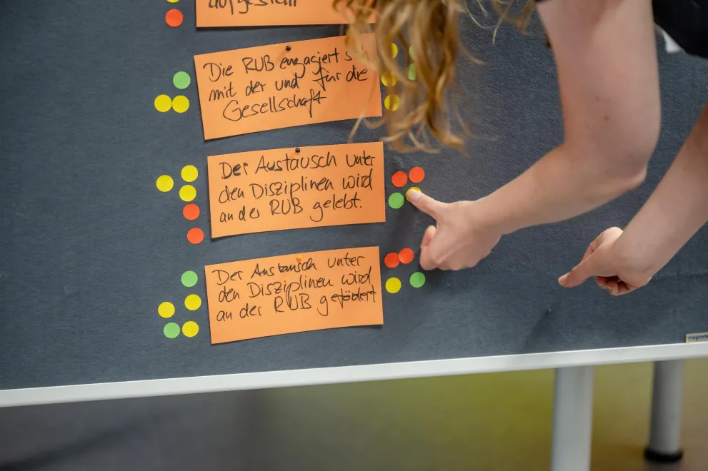 Teilnehmende bewerten an der Pinnwand, wie sehr die angepinnten Aussagen auf die Ruhr-Universität Bochum zutreffen