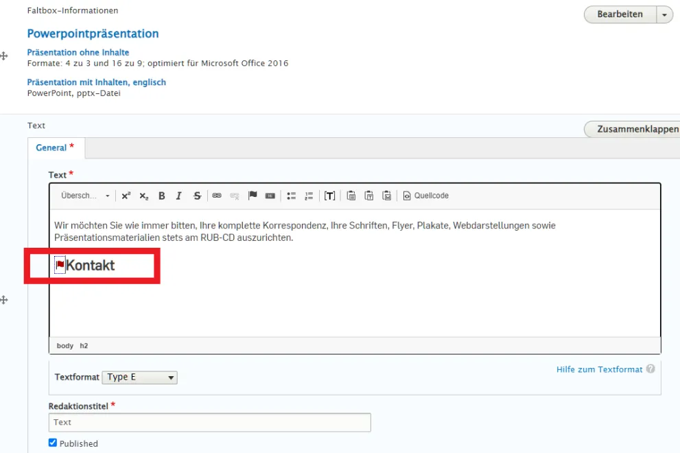Screenshot Im Backend zeigt das Fähnchen, das den gesetzten Anker anzeigt.