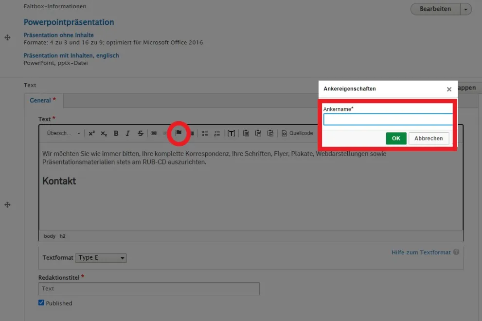 Screenshot im Backend, der zeigt wie und wo Anker gesetzt werden.