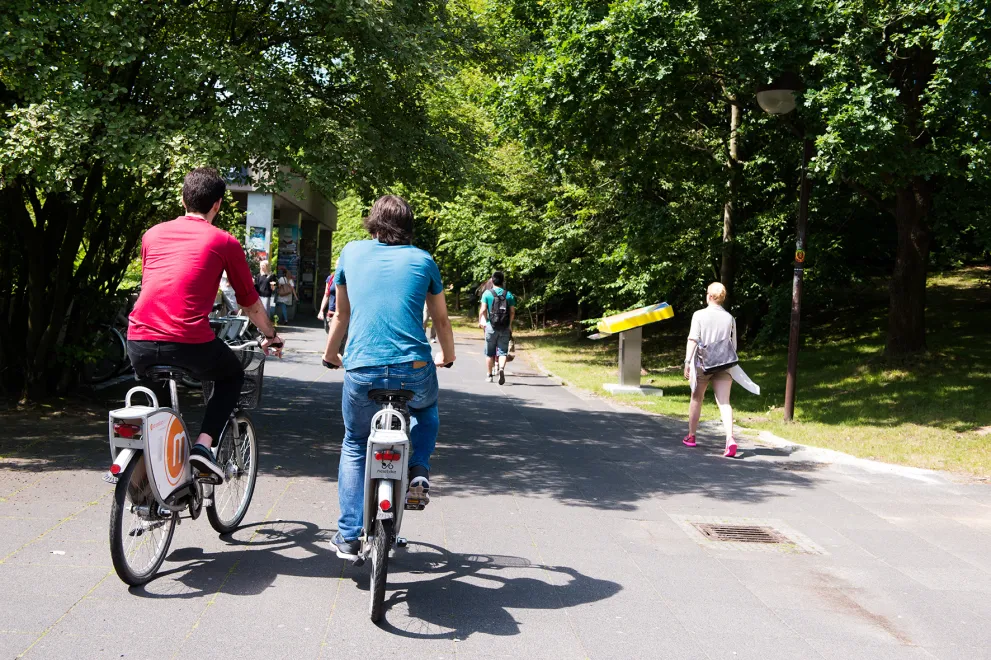 Zwei männliche Studierende fahren Rad auf dem Campusgelände und sind nur von hinten zu sehen.