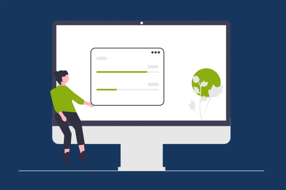 Grafische Darstellung einer Frau, die an einem überdimensioniertem Desktop sitzt und auf eine Landschaft schaut.