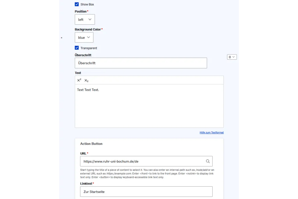 Screenshot: Drupal Backend, Hero-Image, optionale Textbox