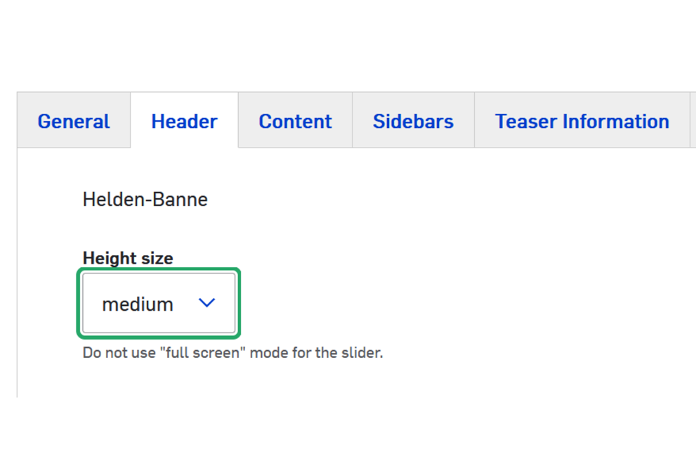 Screenshot: Drupal-Backend, Hero-Image, Height size einstellen