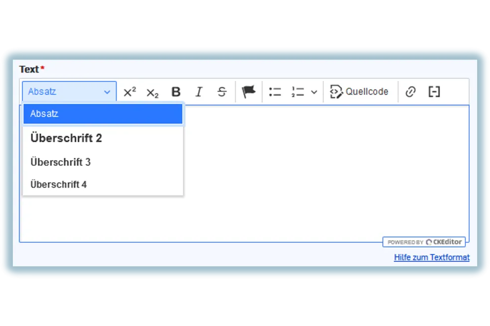 Screenshot: Texteditor in RUB-Web. Auswahl des Drop-Down-Menüs "Absatz": Dort können alle verfügbaren Überschriften H2 bis H4 ausgewählt werden.