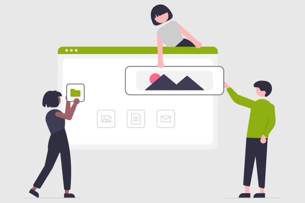 Grafik: Grafische Darstellung des Prozesses des Erstellens einer Webseite. Drei Personen setzen Elemente auf einer Art Whiteboard.