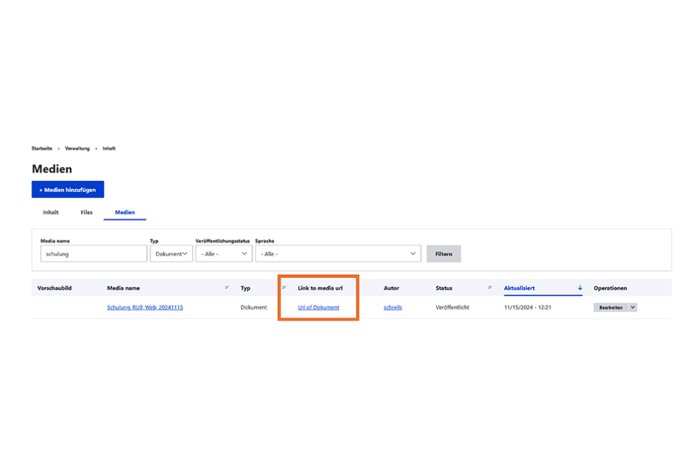 Screenshot: Drupal Backend, Einbinden eines Dokumenten-Links
