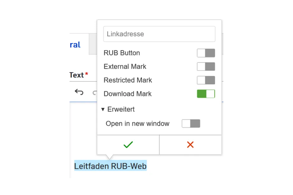 Screenshot: Drupal-Backend, Kennzeichnen eines Download-Links