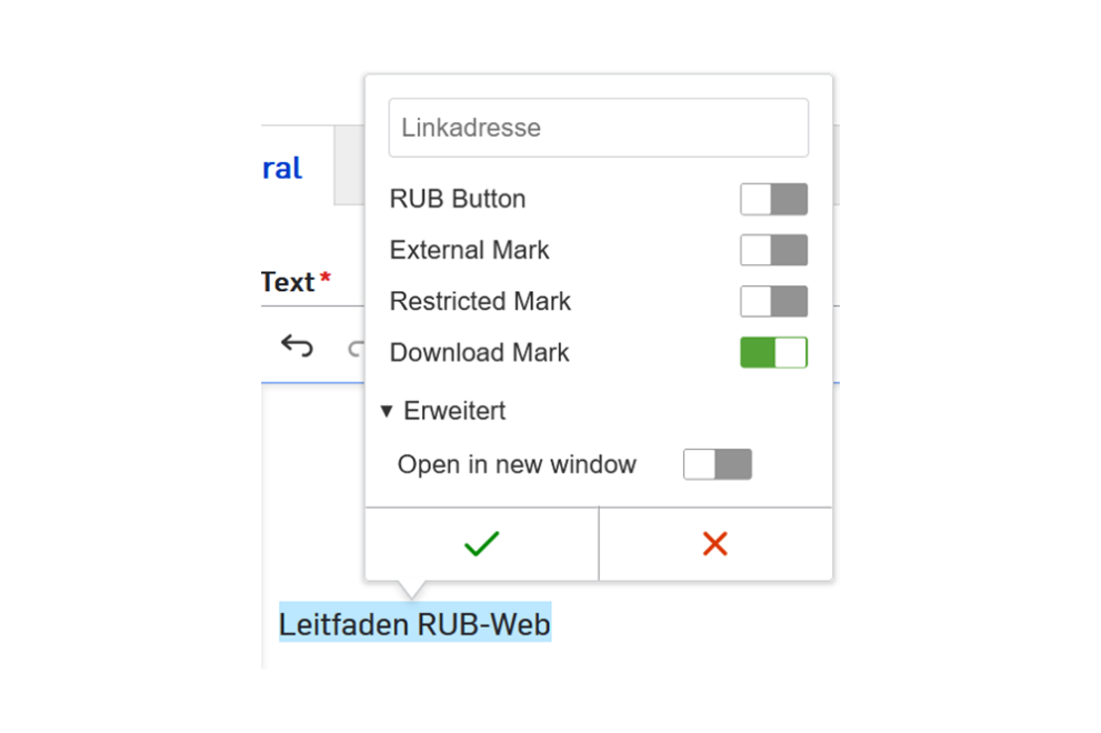 Screenshot: Drupal-Backend, Kennzeichnen eines Download-Links