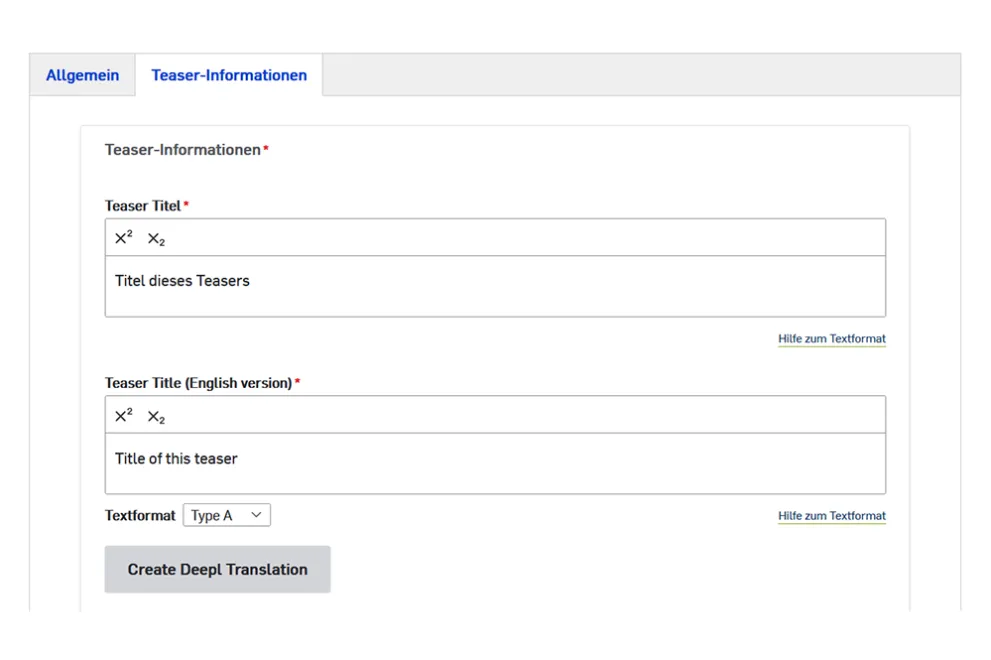 Screenshot: DeepL-Button an englischen Feldern des Inhaltstyp "Teasers" im Drupal-Backend