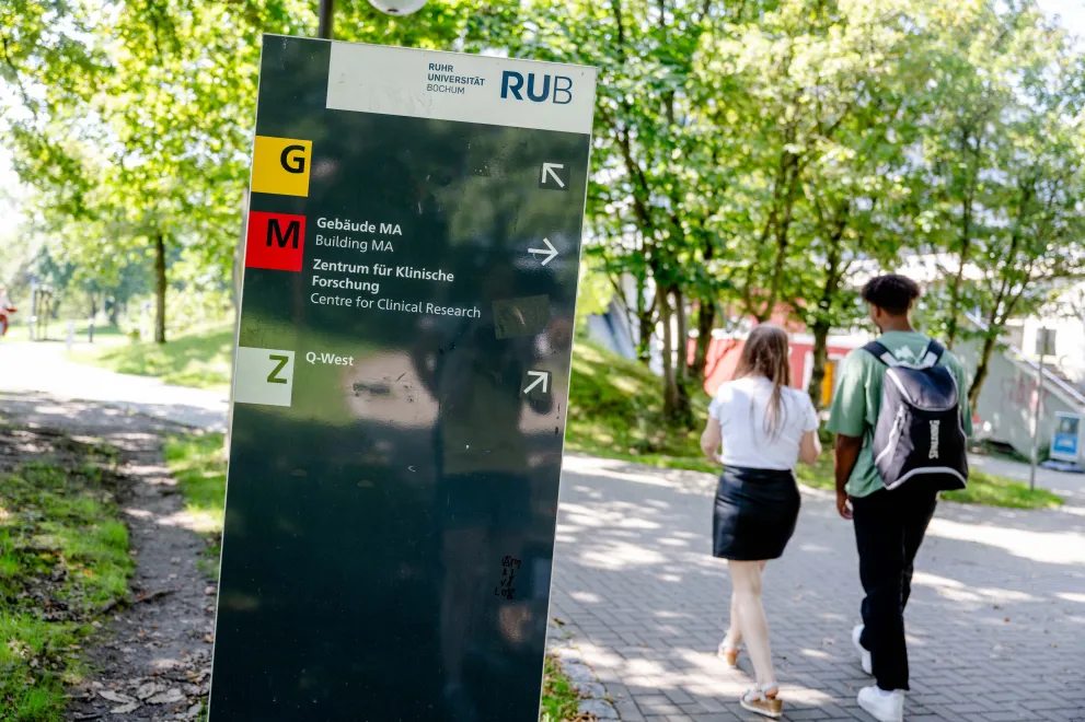 Wegweiser und Weg, auf dem zwei Personen gehen