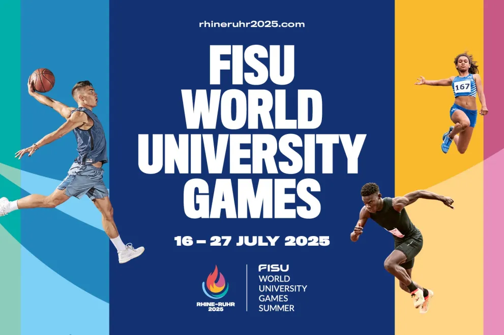 Mehrere Sportler auf buntem Hintergrund mit dem Schriftzug "FISU World University Games"