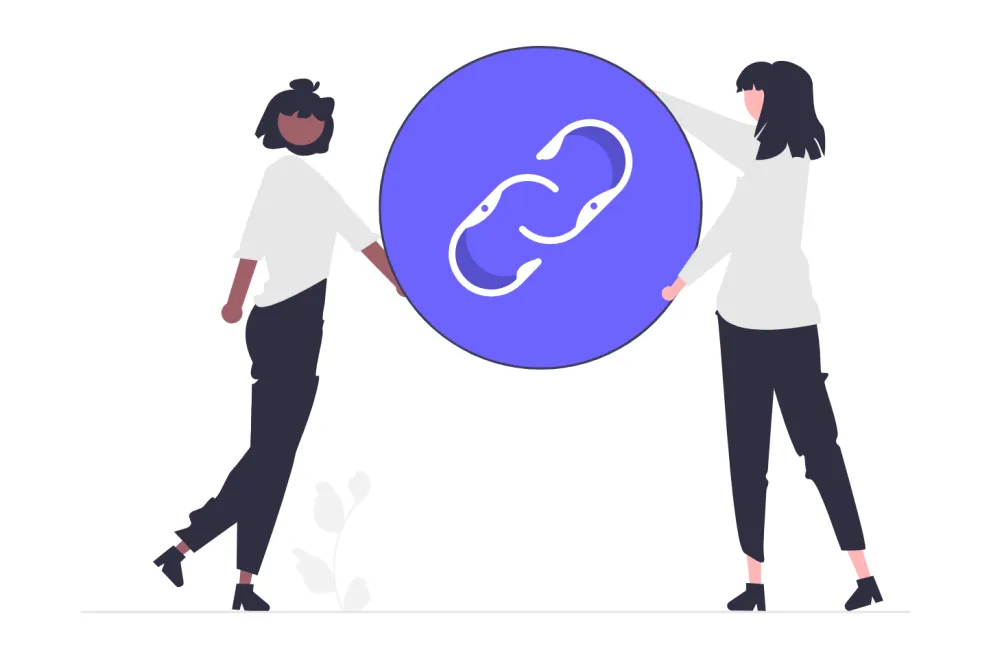 Grafik zeigt zwei Personen, die zwischen sich das Symbol eines Links halten