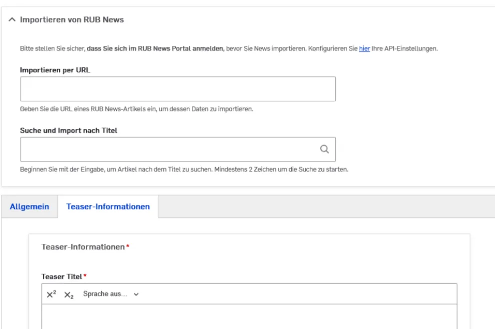 Ansicht Import von News im Backend von RUB-Web