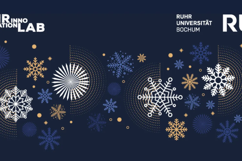 Weihnachtsmotiv mit Sternen und den Logos von Ruhr Innovation Lab und Ruhr Universität Bochum