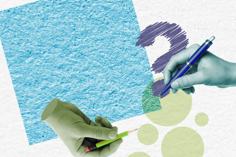 Grafik: Zwei Hände, eine grüne und eine blaue, malen mit Stiften verschiedene Elemente: Ein blaues Quadrat, grüne Kreise und ein lila Fragezeichen.