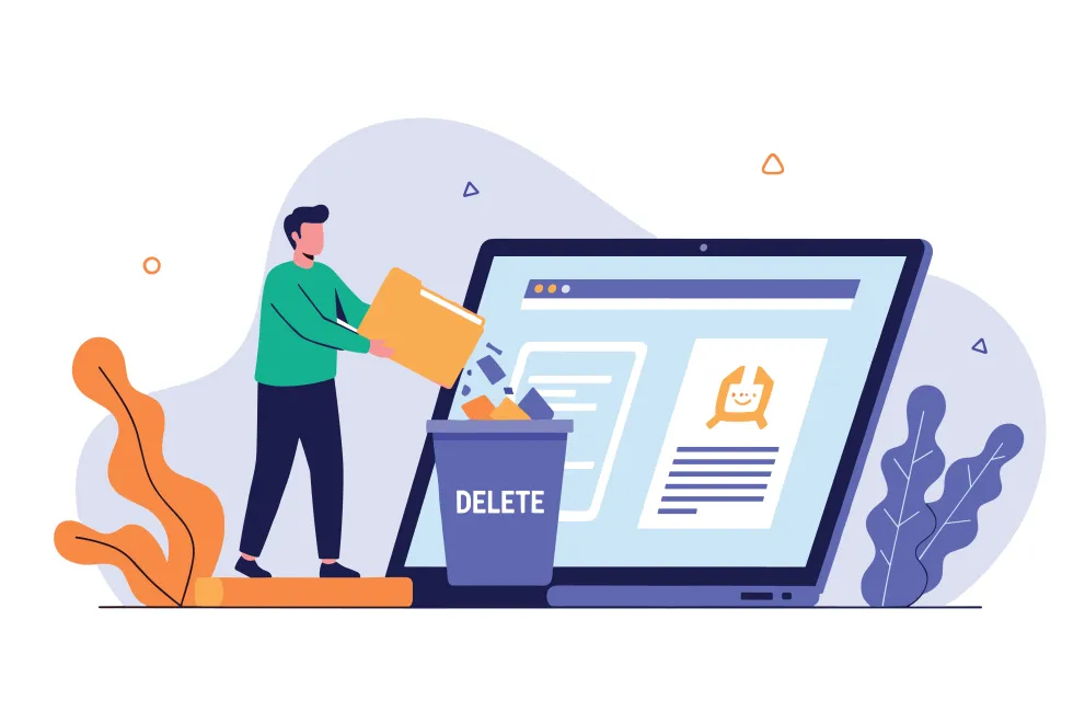 Grafik: Ein Mann wirft einen Ordner in einen Papierkorb neben einem Laptop – ein Symbol für Datenlöschung, digitale Aufräumarbeiten und verantwortungsvolles Informationsmanagement.