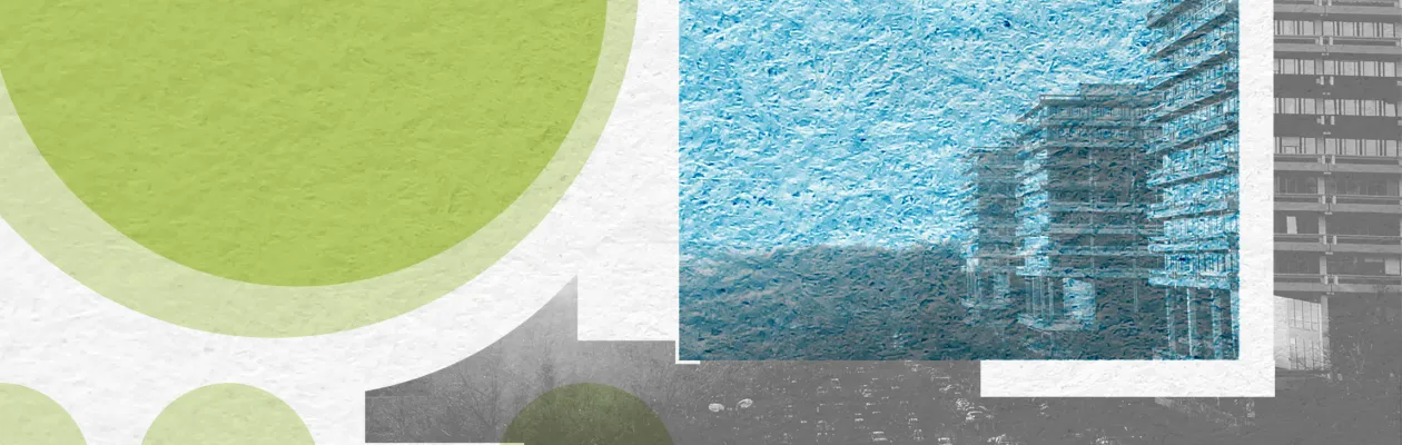 Grafik: Verschiedenfarbige Flächen, grün, blau, weiß, grau, in verschiedenen Formen. Auf zwei Flächen ist die Shilouette der RUB zu erkennen.