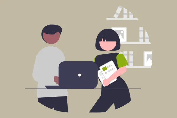 Grafik: Grafische Darstellung von zwei Personen vor einem Laptop-Bildschirm. Beide Personen schauen gemeinsam auf den Laptopbildschirm. Die Personen sieht man von vorne, den Laptop sieht man von hinten. Die rechte Person hält Papiere in der linken Hand.